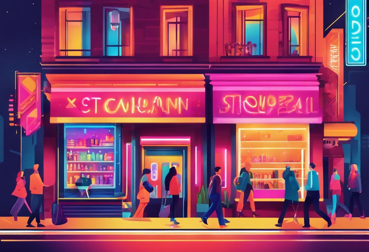 A bustling city storefront with vibrant signage and diverse crowd.