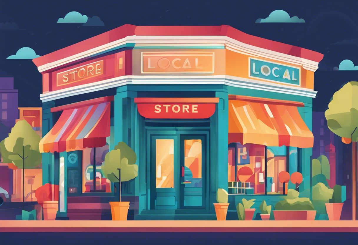 A vibrant local business storefront featuring colorful storefronts and iconic local landmarks in a bustling city.