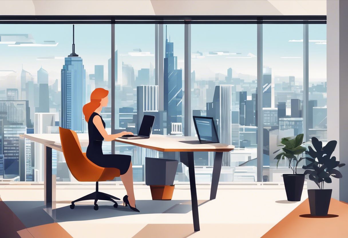 A woman working on a laptop in a modern office with a city view.