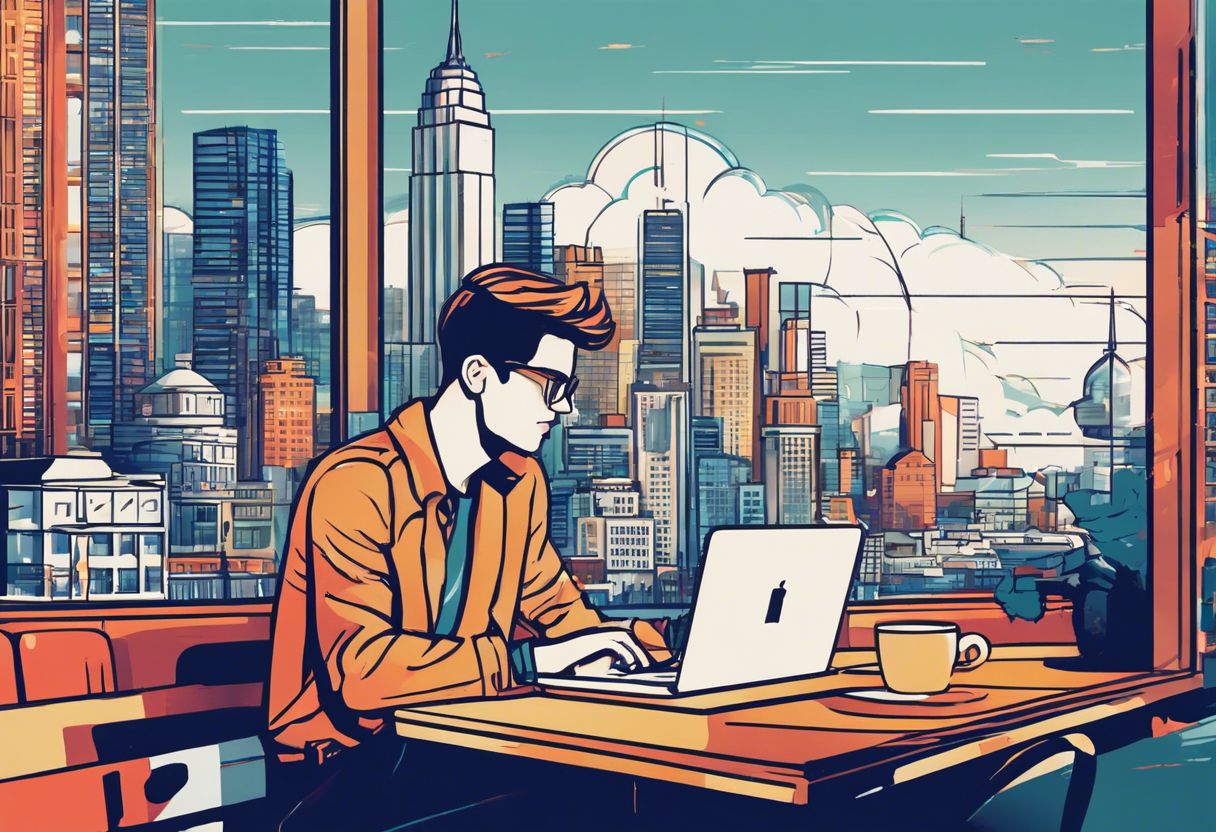 A person working on a laptop in a busy coffee shop with a city skyline view.