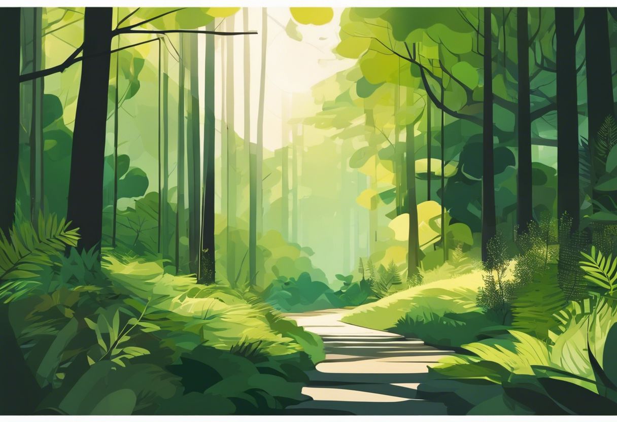 A person walks along a peaceful forest path, surrounded by lush greenery and vibrant flora.