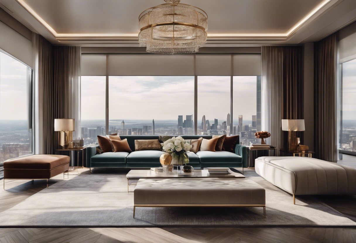 A modern and luxurious living room with city views and stylish furniture in a flat design style.