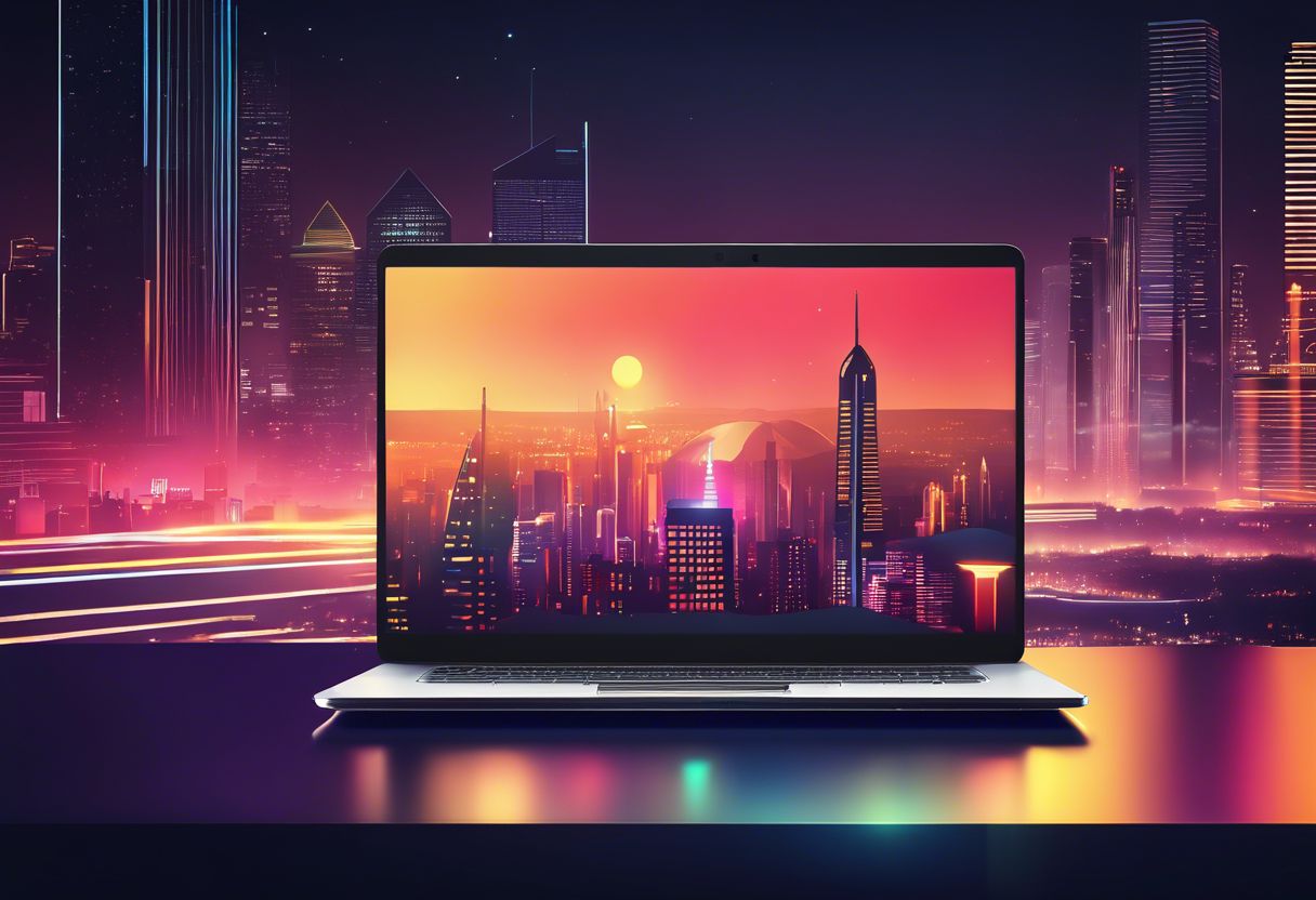 A sleek laptop on a minimalist desk with futuristic cityscape background and optimized webpages loading.