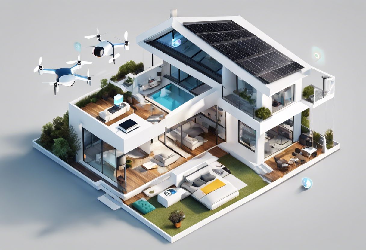 A modern smart home system seamlessly integrated with social media and aerial photography technology.