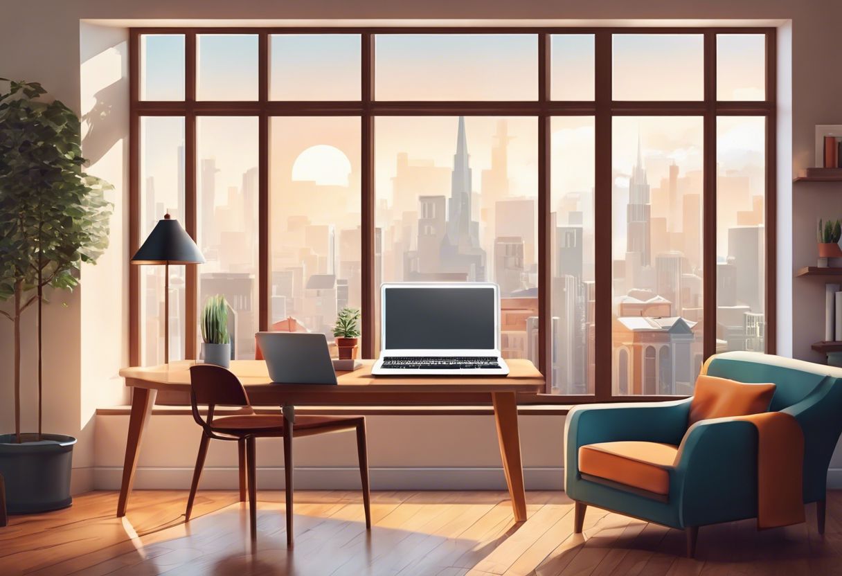A laptop open to a personalized email in a cozy home office with a cityscape visible through the window.