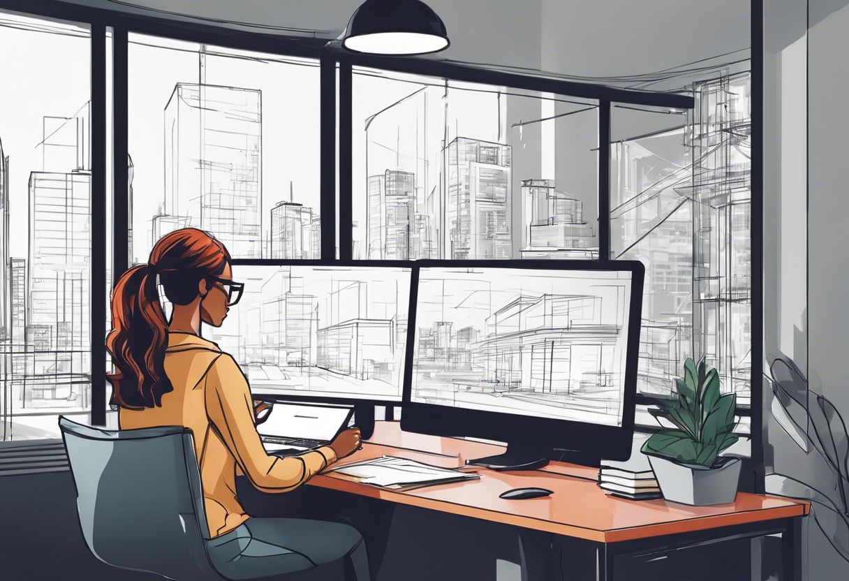 A person sketching a website wireframe in a modern office with cityscape view.
