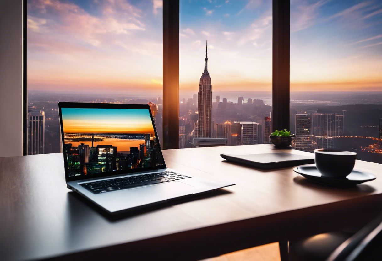 A modern laptop on a minimalist desk with creative software open and a vibrant cityscape on the screen.
