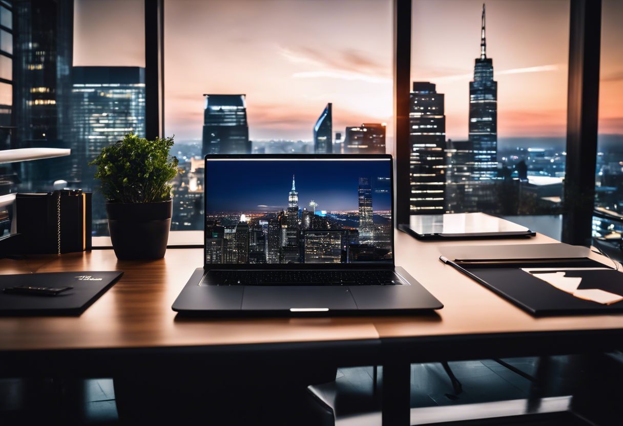 A modern and sleek office setting with technology and urban energy overlooking a city skyline at night.