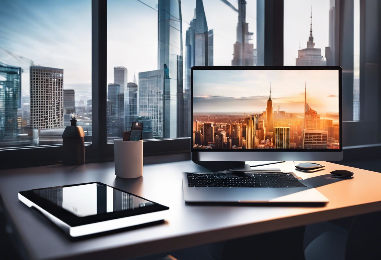 A modern office desk with laptop and smartphone, showcasing clean and organized workspace with cityscape view.