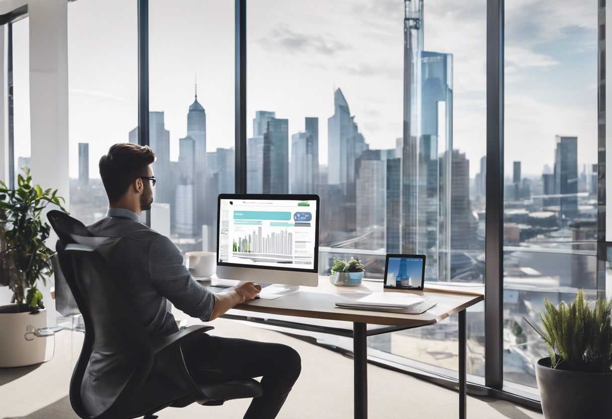A person testing a website interface on a laptop in a modern office with city view.
