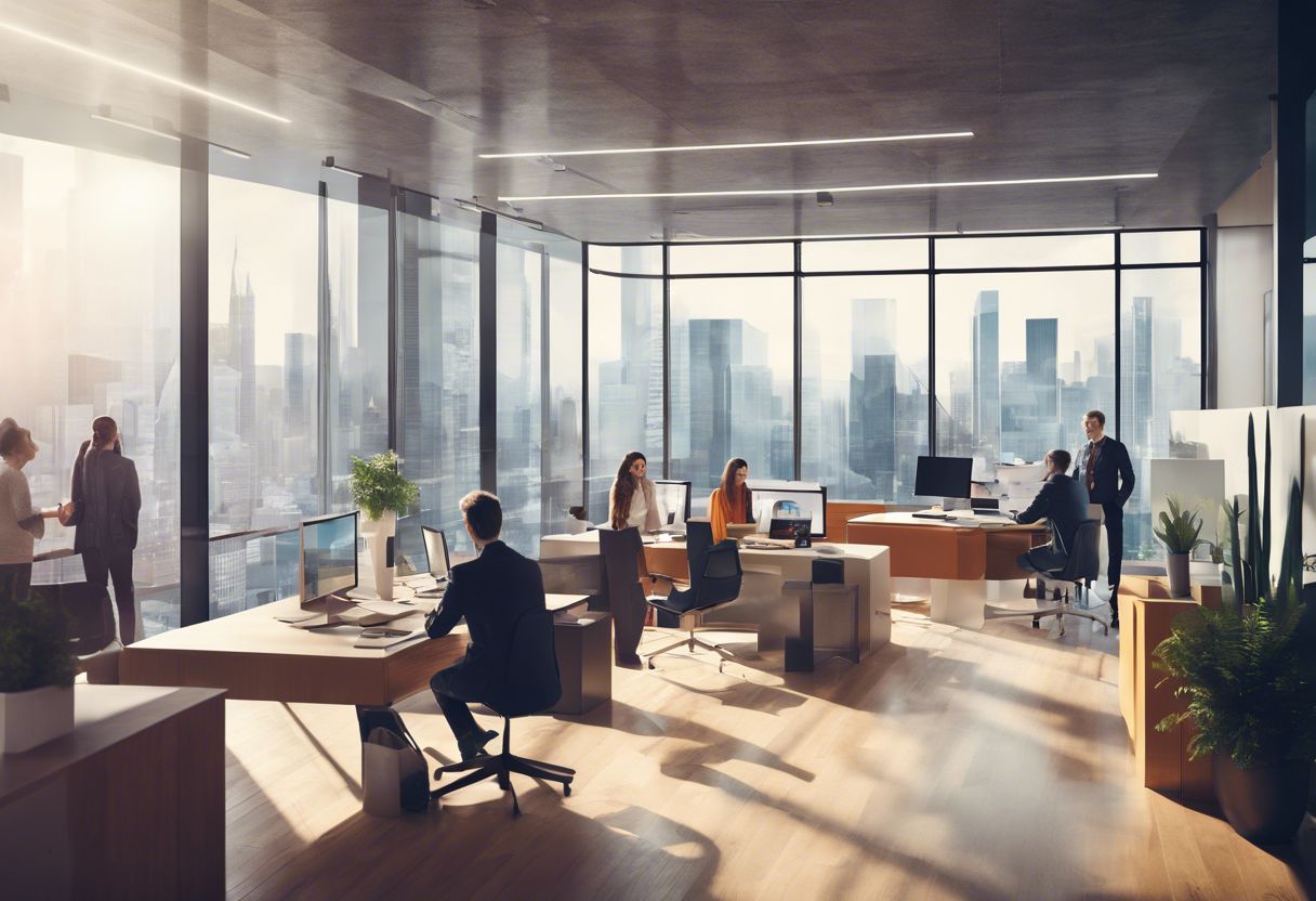 A diverse group of people interact with digital interface in a modern office with cityscape view.