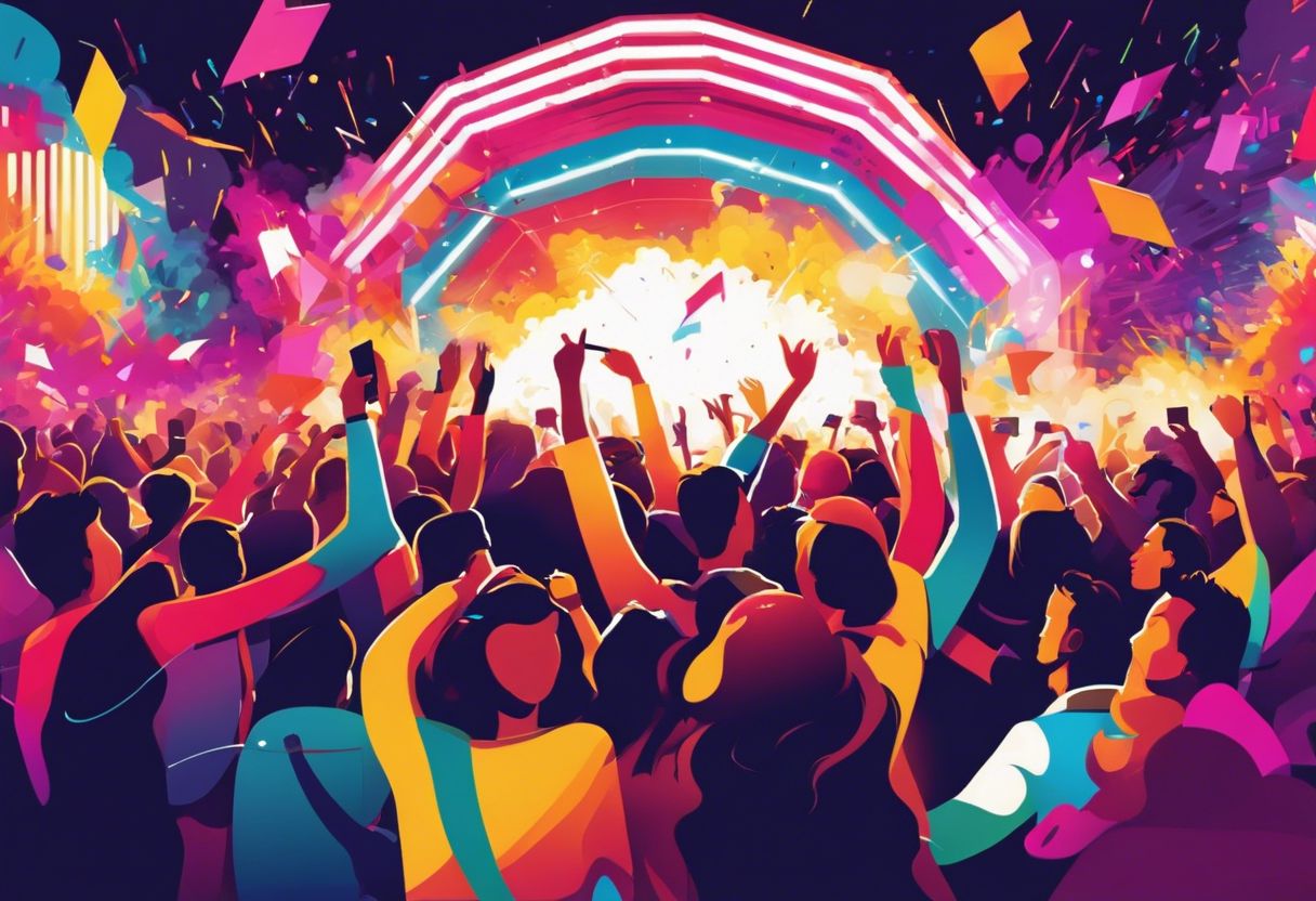 A lively music festival with a vibrant crowd immersed in electrifying excitement and pulsating atmosphere.