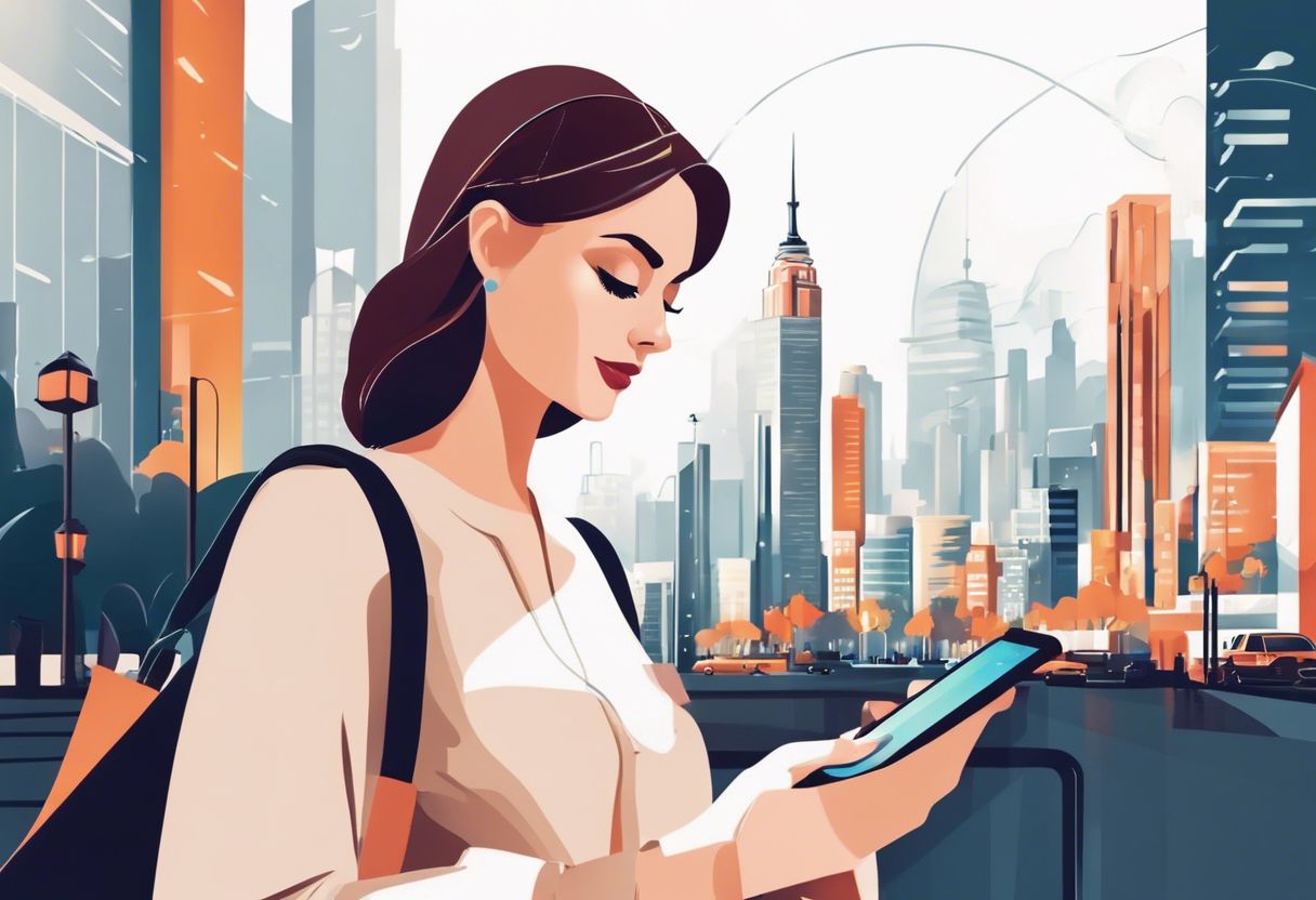 A young woman uses a smartphone to browse a responsive website against a vibrant cityscape background.