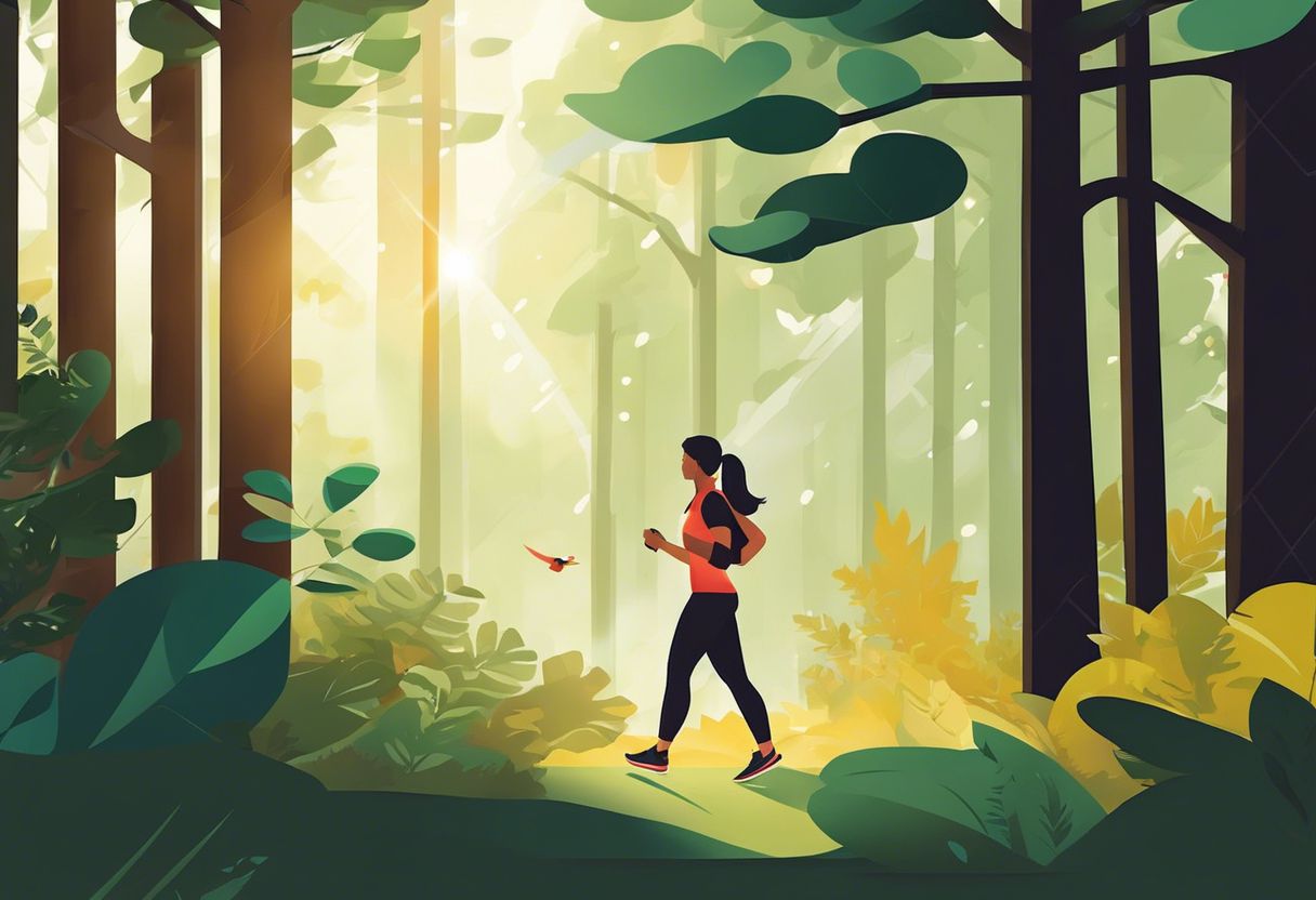 A person refreshes fitness tracker in nature, feeling rejuvenated and connected.