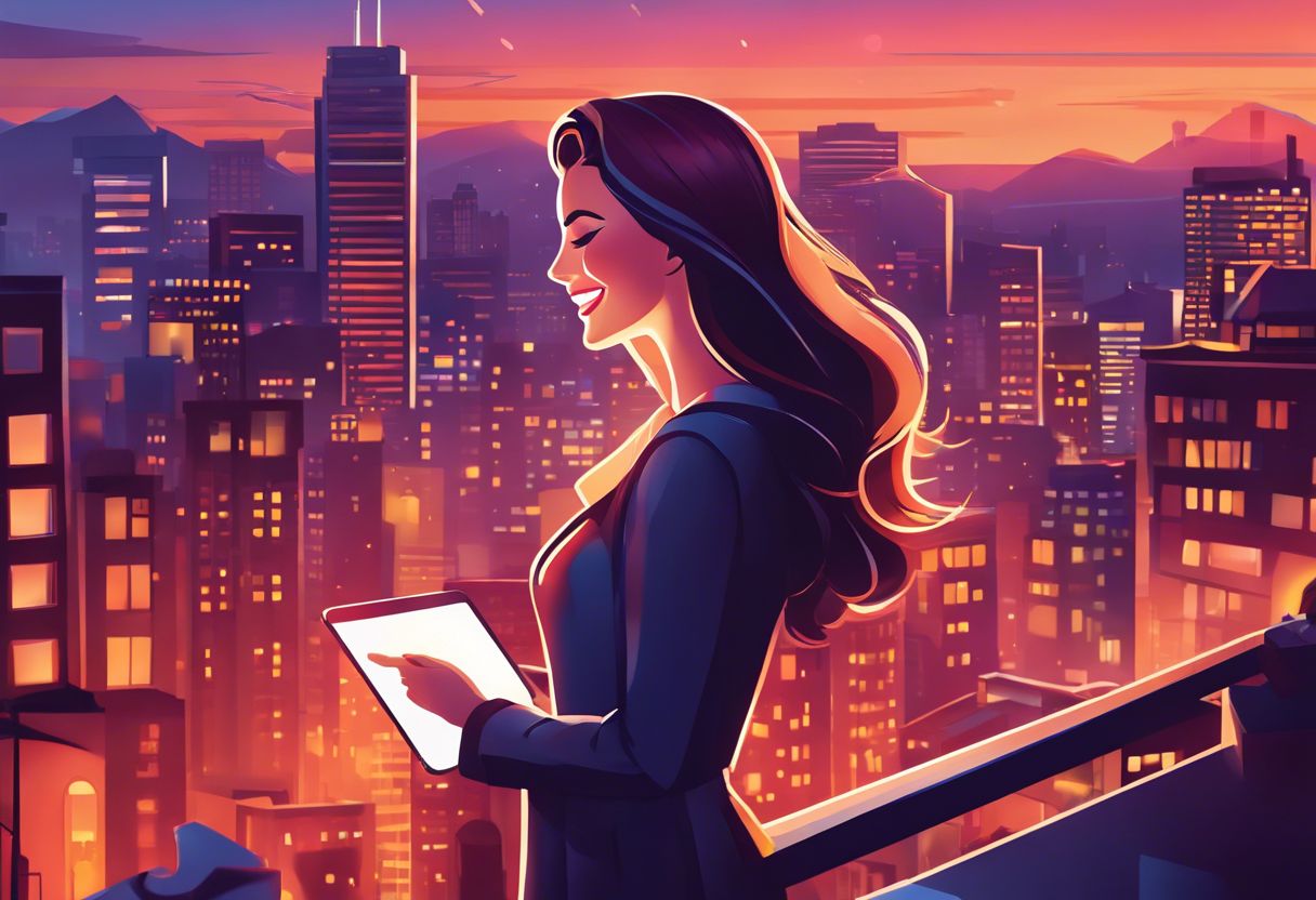 A woman smiling with excitement while receiving a loyalty reward email on a rooftop at sunset.