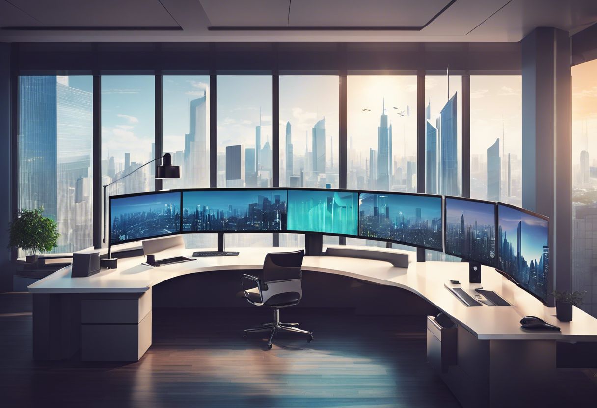 A modern and productive office space with computer screens and a view of a futuristic cityscape.