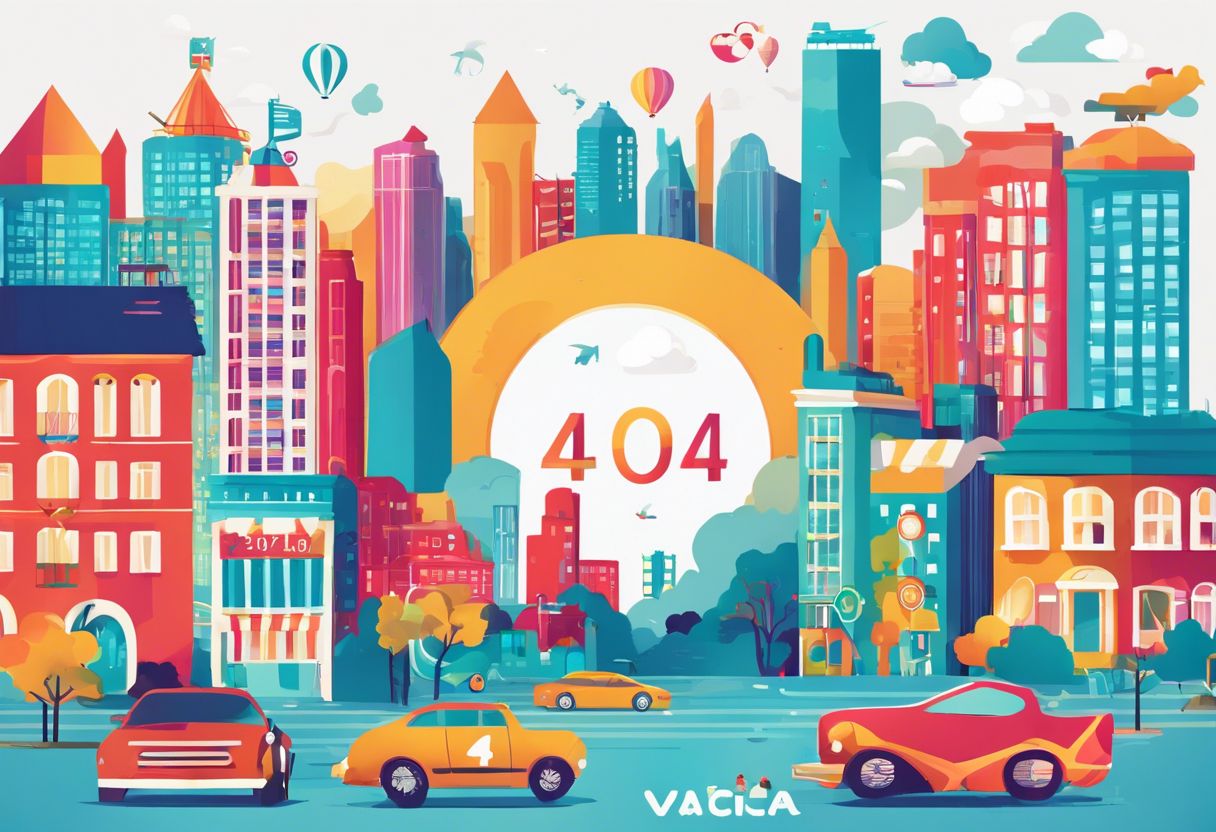 A colorful and quirky 404 page design with playful cityscape illustrations and vibrant colors.