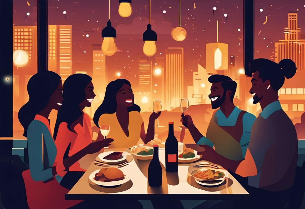 A group of friends dining at a city restaurant, enjoying each other's company and laughter.