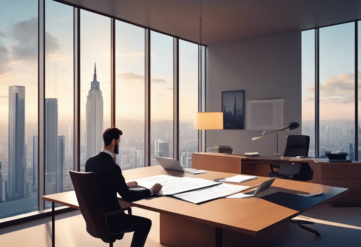 A person reading legal documents in a modern office with a city view.