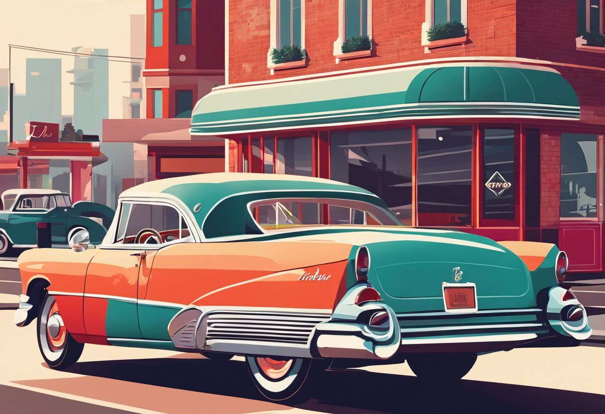 A vintage couple in a classic car parked in front of a retro diner in an urban cityscape.