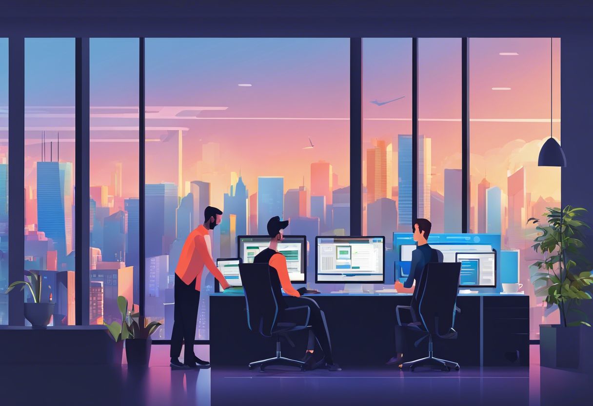 A team of web developers discussing project requirements in a modern office overlooking a city skyline.