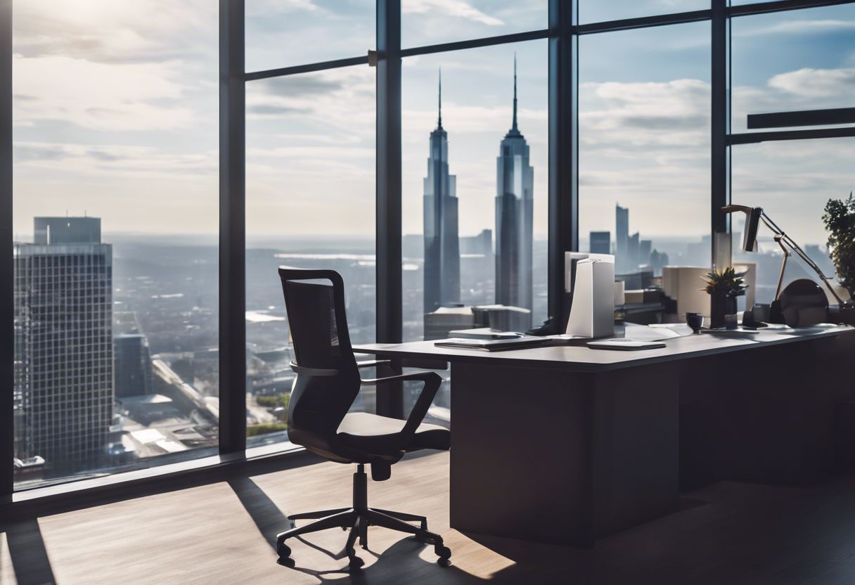 A person typing on a sleek keyboard in a modern office with a cityscape view.