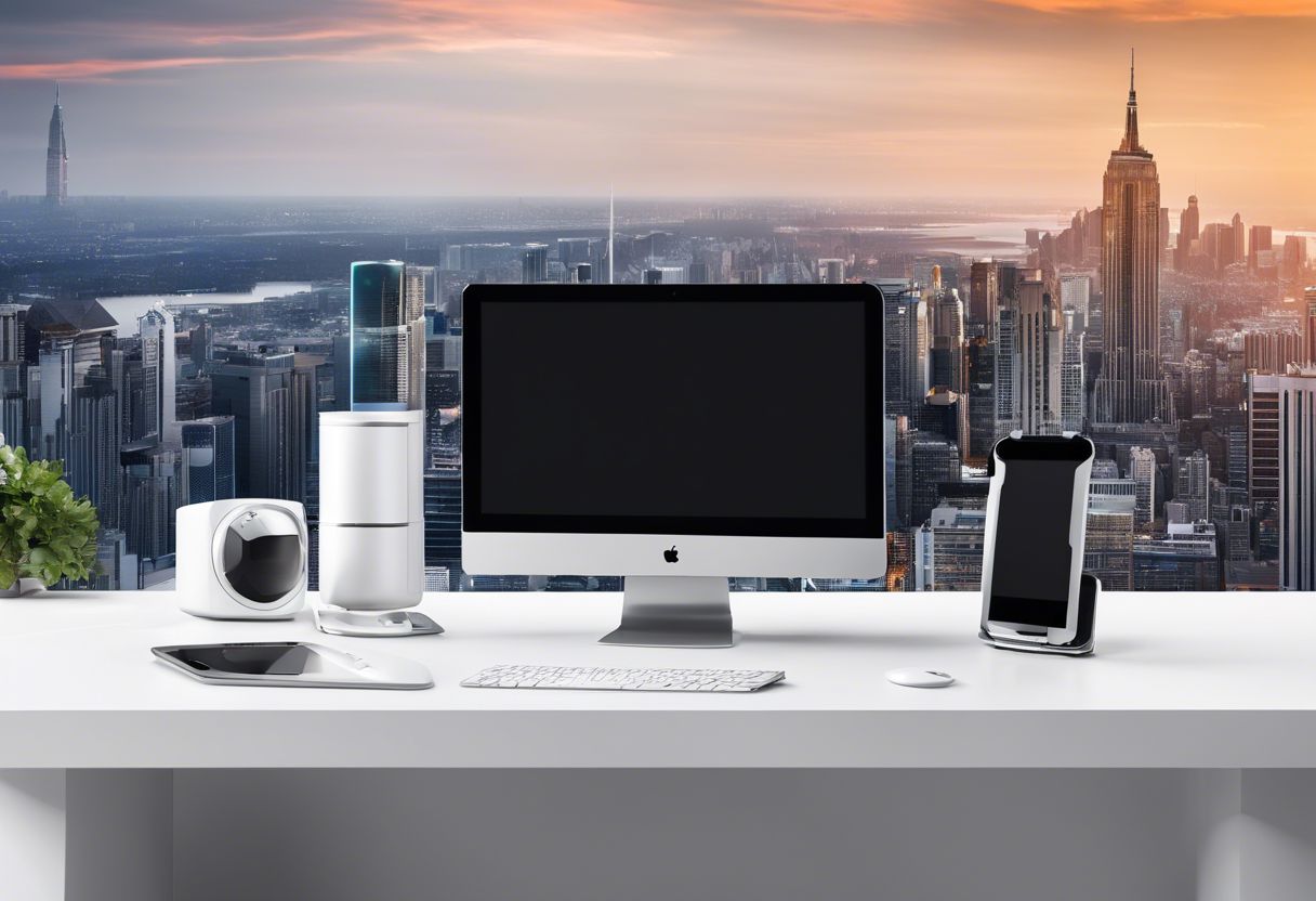 A sleek digital product displayed on a modern desk with high-tech gadgets and cityscape photography.