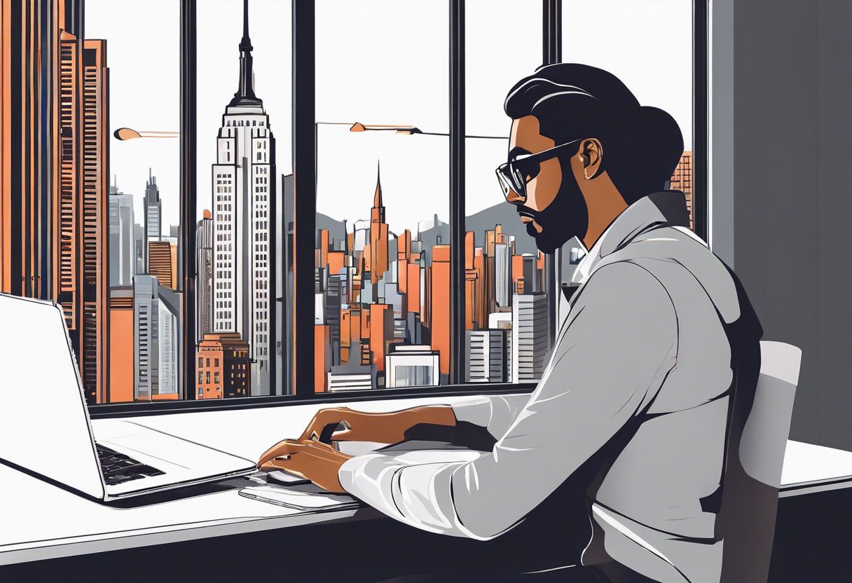 A graphic designer works on a modern laptop, with cityscape view, showcasing precision and creativity.