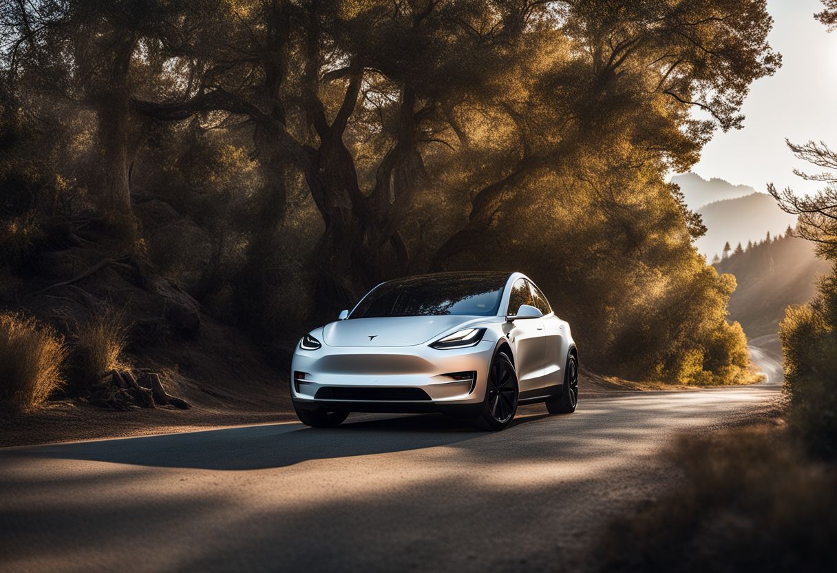 A Tesla Model Y is parked in a scenic location with the TeslaCam setup process being demonstrated.