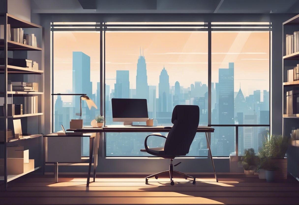 A modern, minimalist office workspace with a clean desk, organized shelves, and a stunning cityscape view.