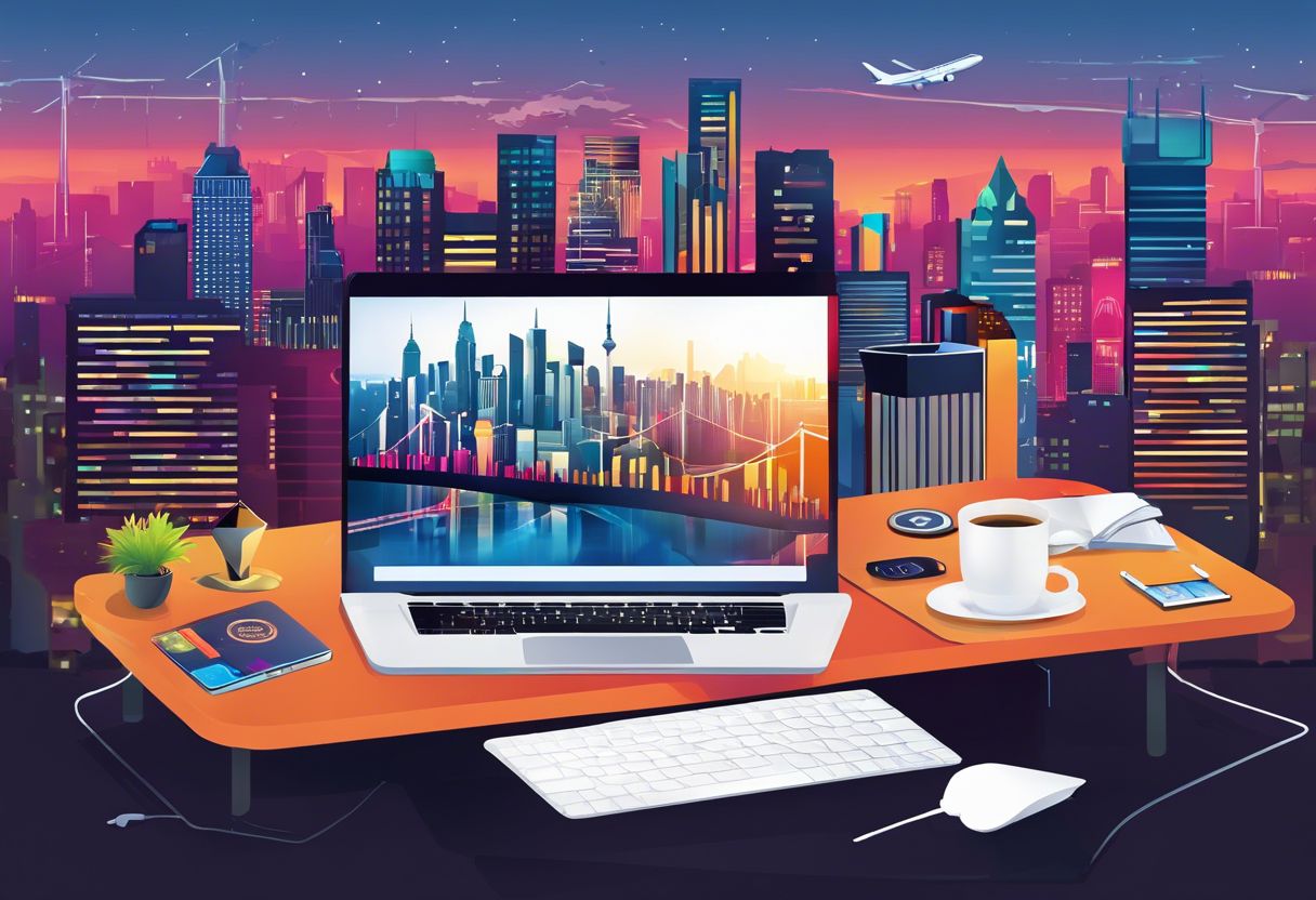 A modern laptop surrounded by web development tools against a bustling city backdrop.