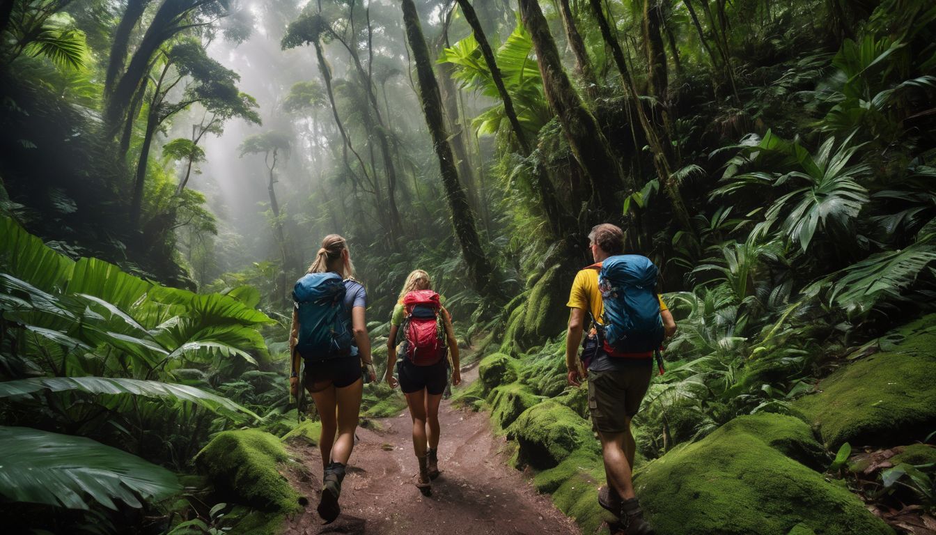A diverse group of adventurers exploring a vibrant tropical forest.