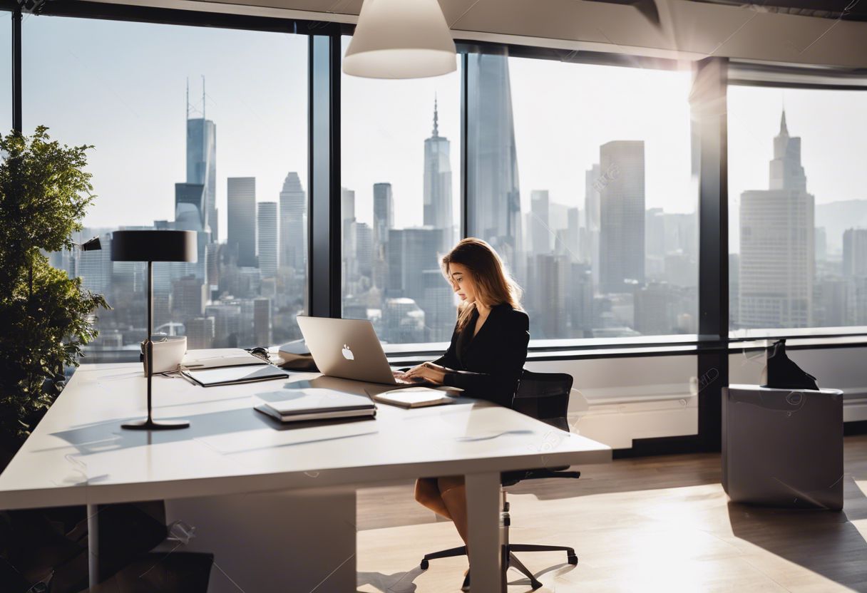 A woman is focused on her work in a modern office overlooking a city skyline.