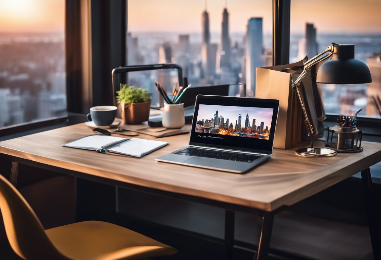 A modern office desk with laptop, creative tools, and cityscape photography, exuding productivity and inspiration.