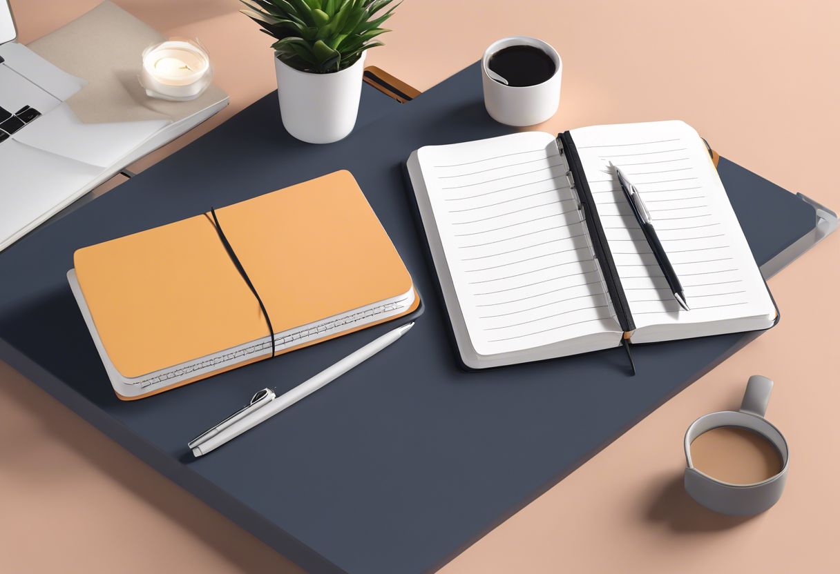 An organized desk with a notebook and pen, creating a serene and elegant workspace.