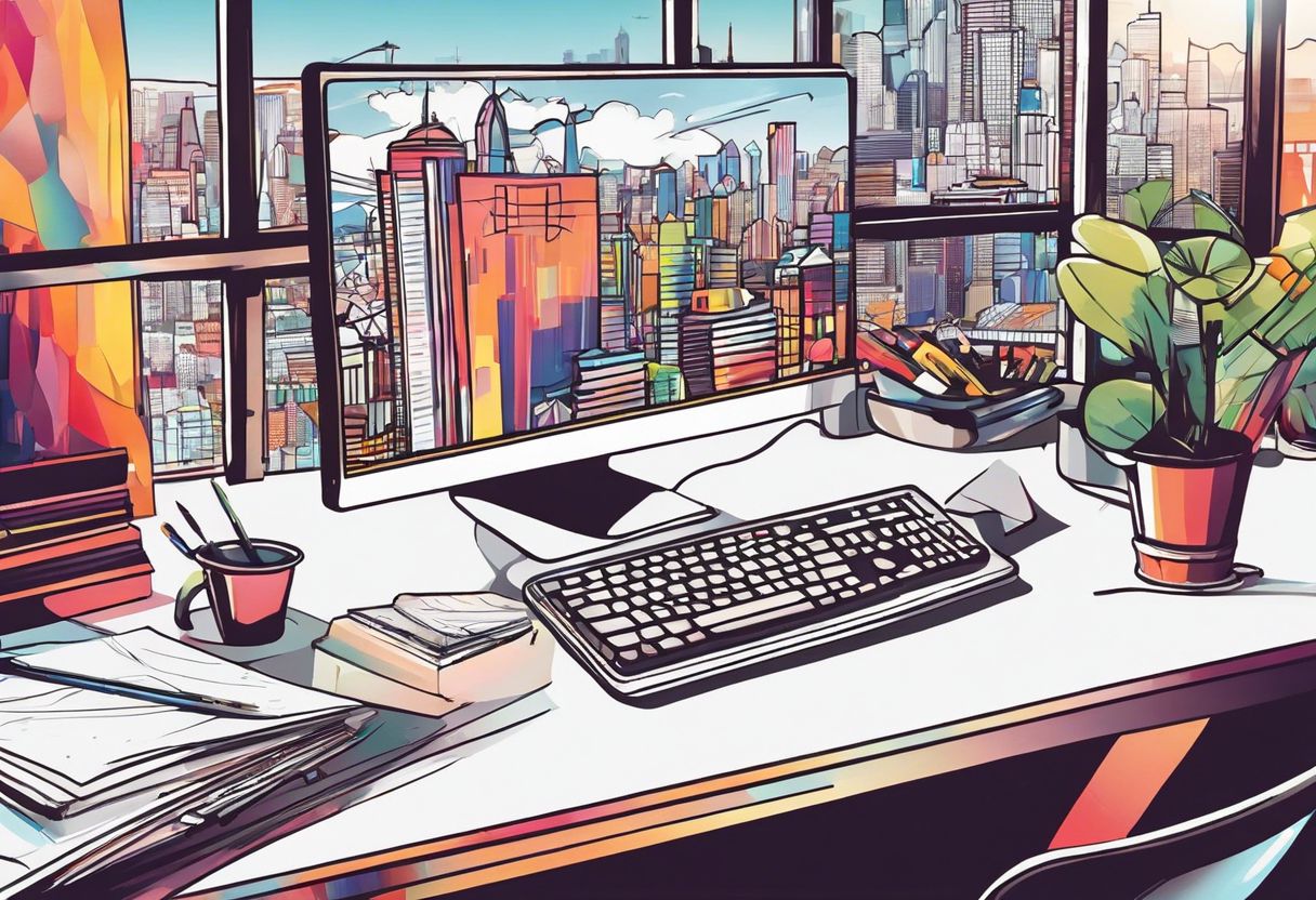 A creative workspace with a desktop computer and art supplies, featuring cityscape photography and vibrant city details.