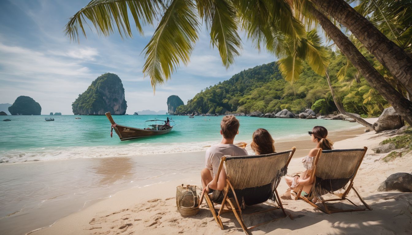 A family enjoys a tropical beach vacation in Thailand.