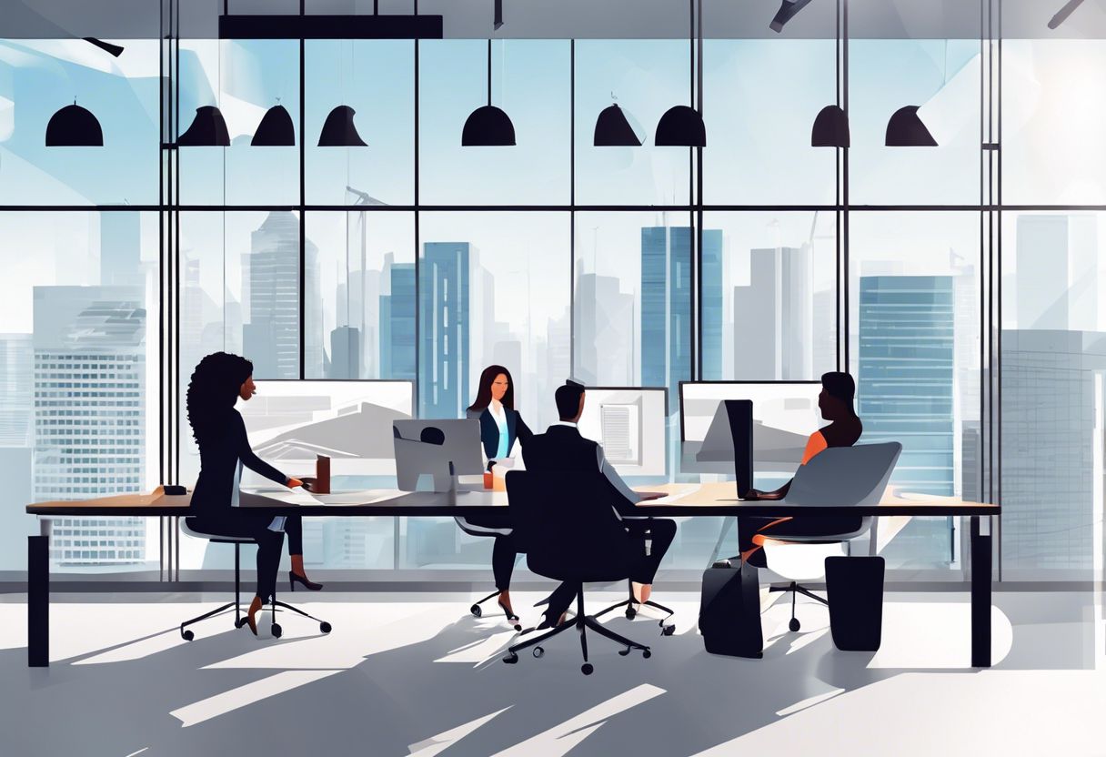 A diverse team collaborates in a modern office with a cityscape background, emphasizing teamwork and creativity.