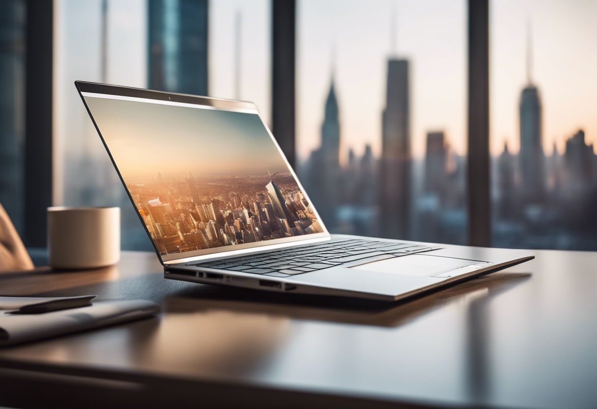 A sleek modern laptop on a minimalist desk in a bright, airy workspace with a city skyline.