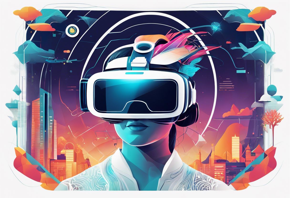 A person wearing a VR headset exploring a futuristic digital landscape.