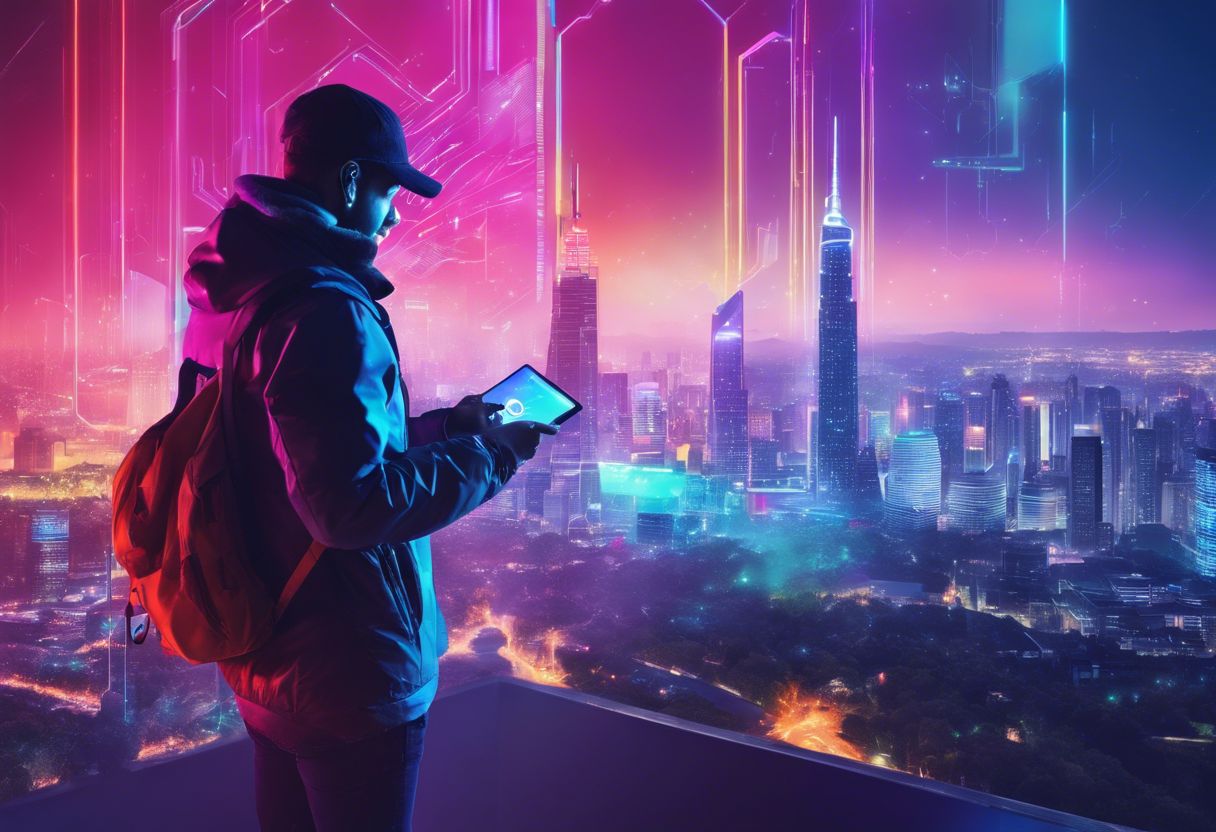 A person interacts with animated text on a futuristic digital interface overlooking a bustling city.