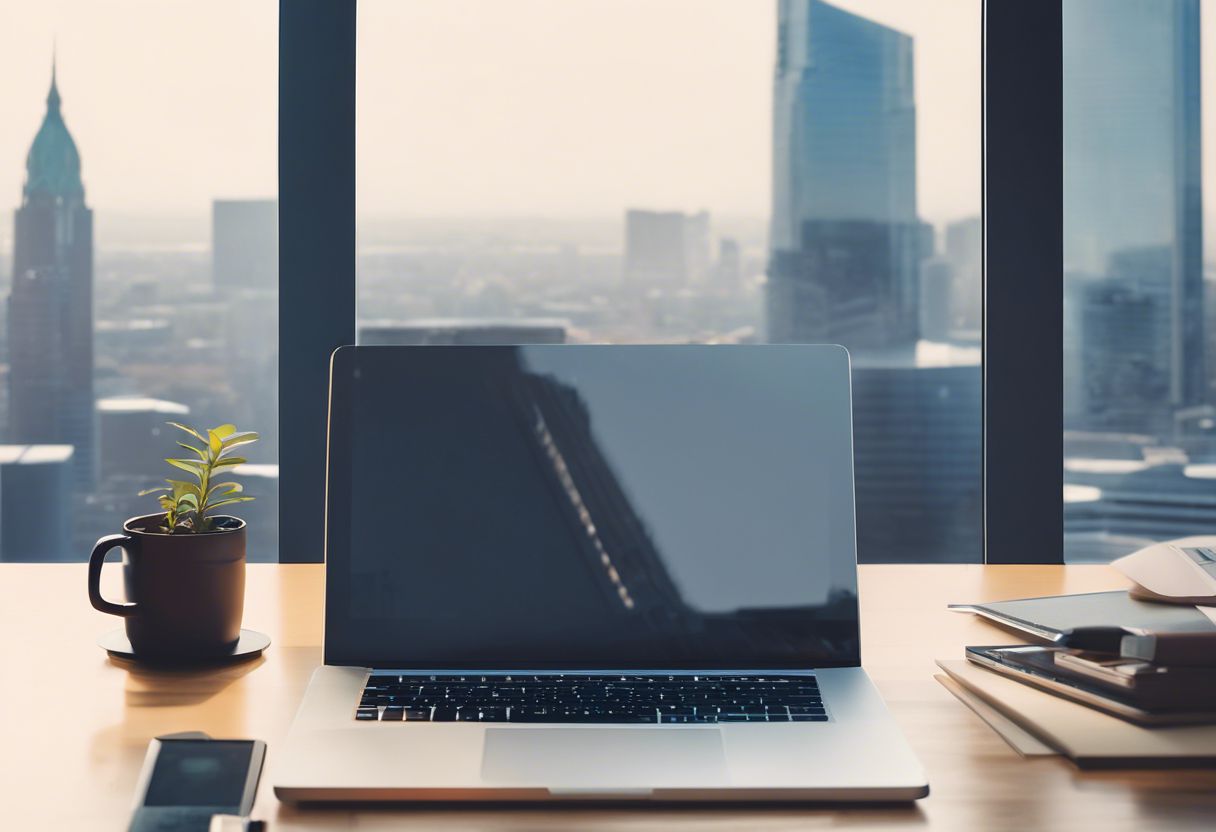 A person sitting at a minimalist desk with a laptop, notepad, and cityscape reflected on the screen.