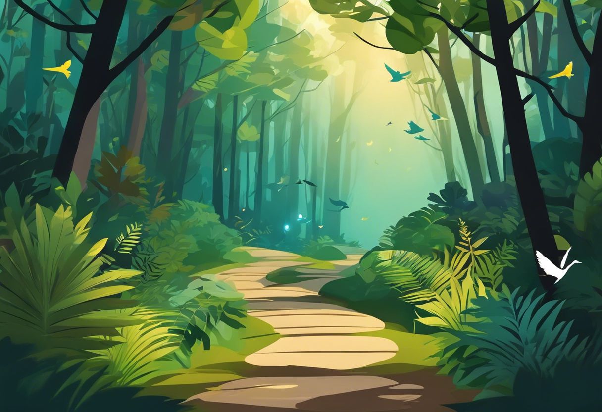 A mystical forest pathway with enchanting foliage and tranquil ambiance.