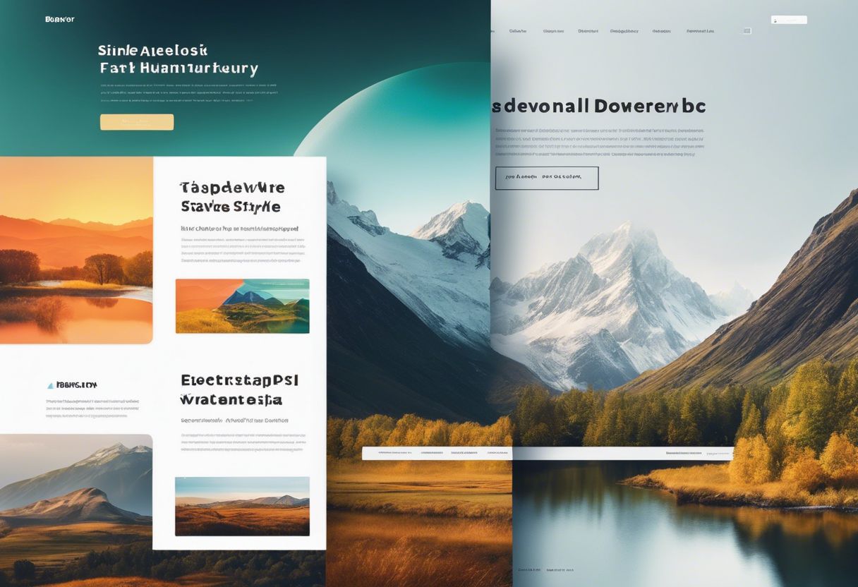 Two website pages with stunning landscape photography and data analysis charts in the background.