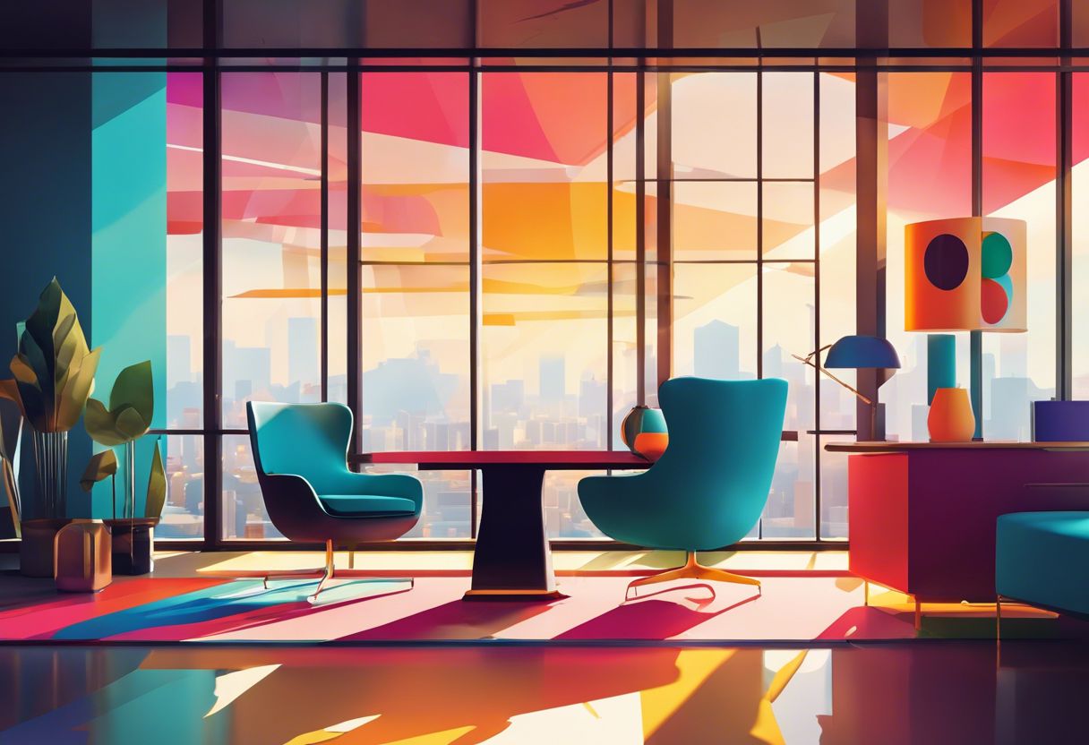 A vibrant and abstract pattern in a modern office with sleek furniture and city views.