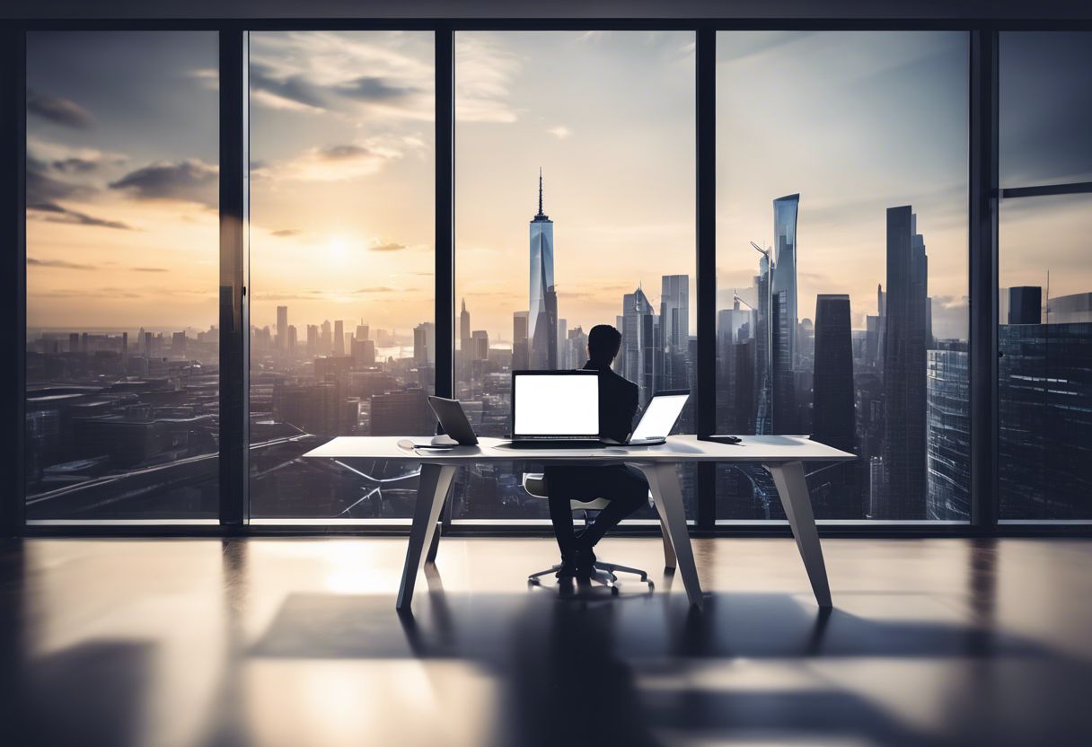 A web developer in a modern office with city skyline views, focused on sleek laptop.
