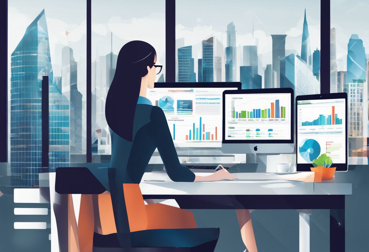 A businesswoman in a modern office environment analyzing website analytics with a bustling city skyline in the background.