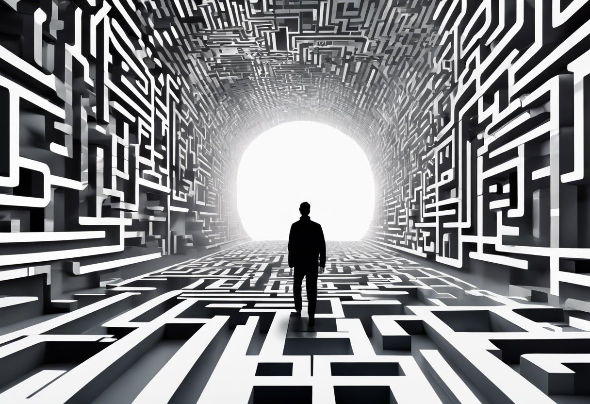 A determined person confidently navigating a maze-like virtual website with a cityscape in the background.