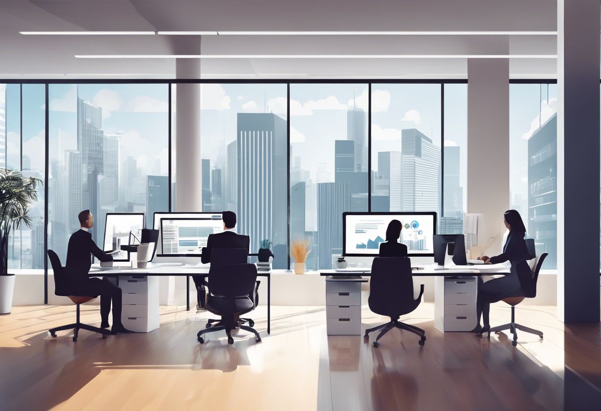 A modern office with professionals collaborating and using technology in a city environment.