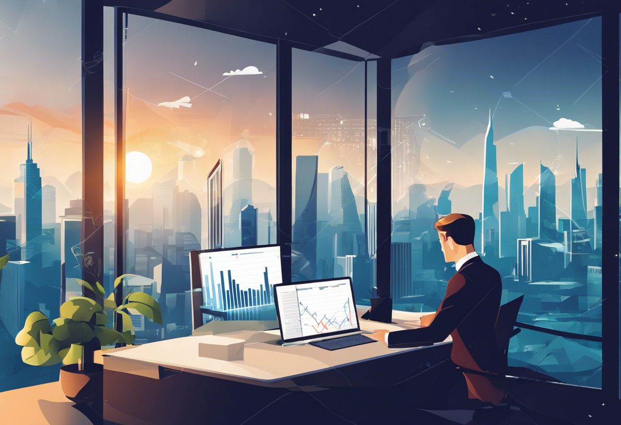 An analyst reviews data in a modern office with a cityscape view.